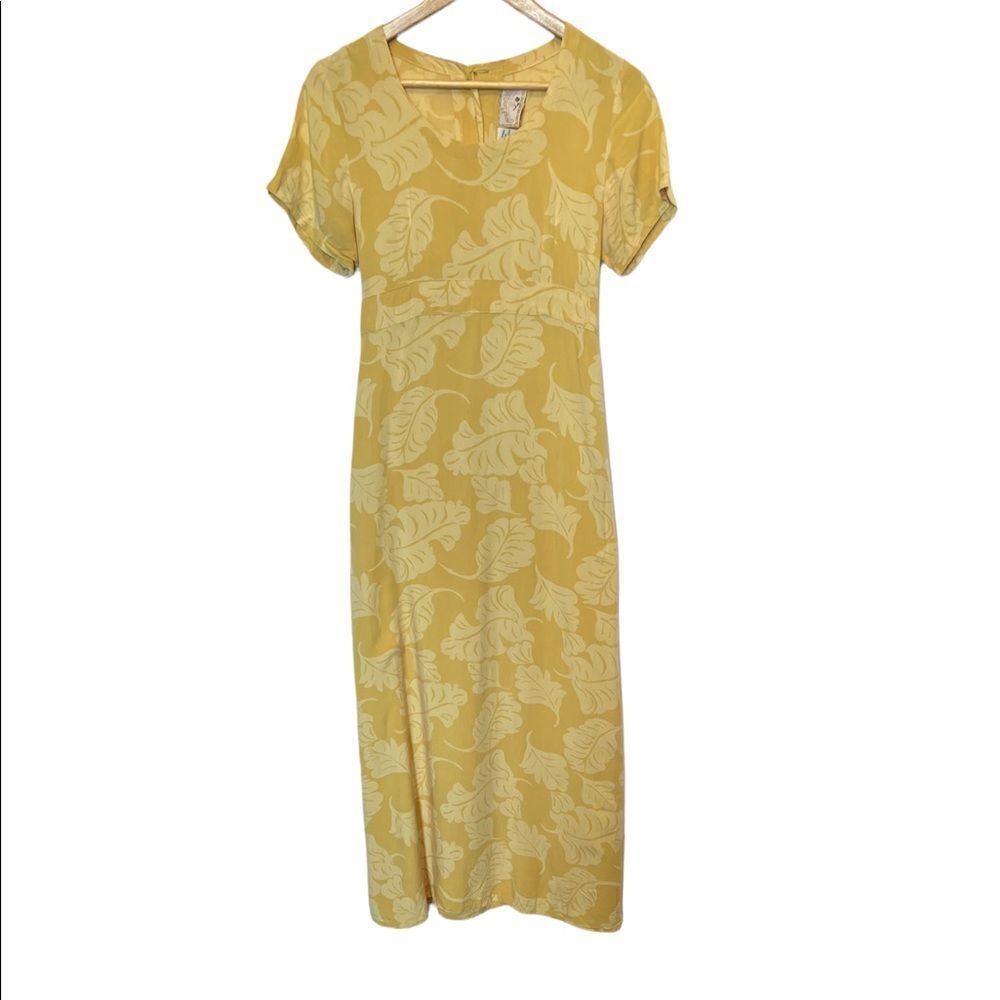 Yellow Palm Print Short Sleeve Scoop Neck Button Back Long Maxi Dress 1 (S)